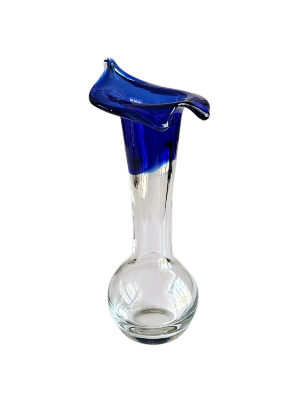 Vintage Murano Style Cobalt Blue & Clear Art Glass Jack-in-the-Pulpit Vase